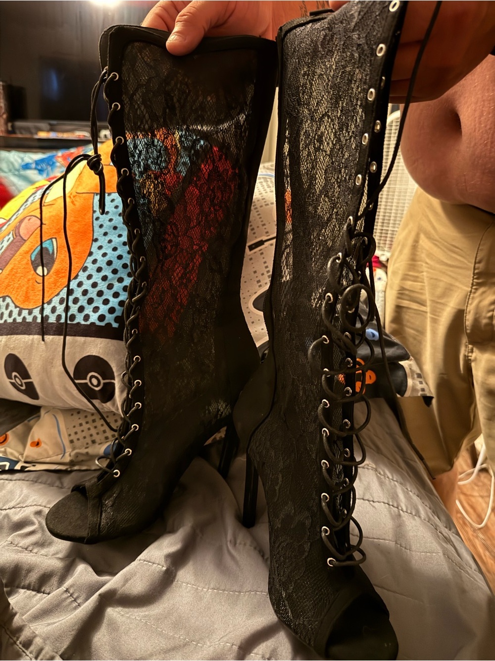 Lace-Up Black Sheer Stiletto Boots